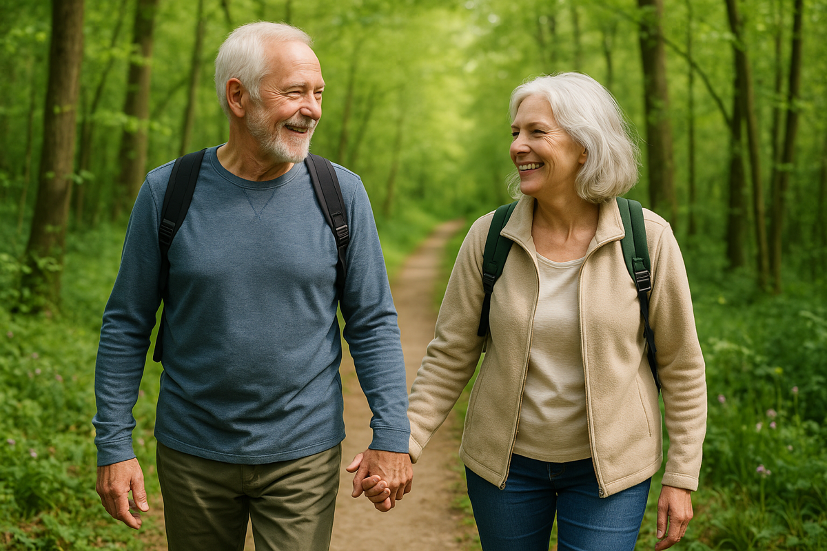 Elder Couple walking in Woods